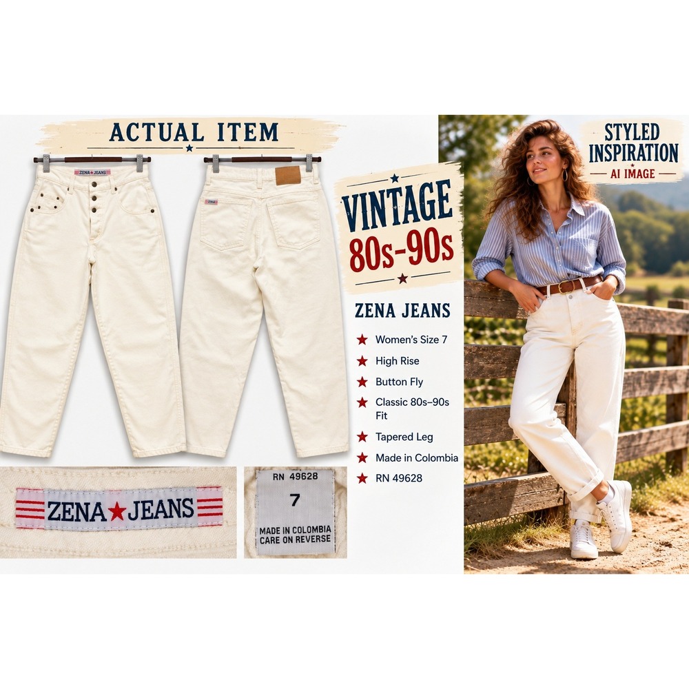 Zena Jeans Tapered Denim Women High Rise Button Fly White 7 Vintage 80s 90s